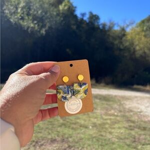 Handmade Polymer Clay Marbled Blue Yellow Gold Stud Statement Dangle Earrings